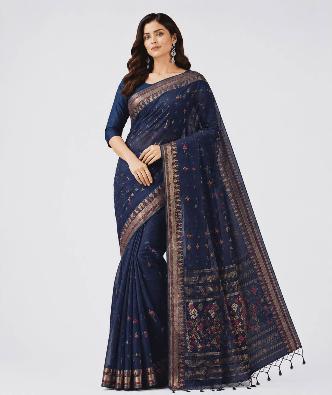 Nakshi Jamdani Silk Saree — Midnight Navy